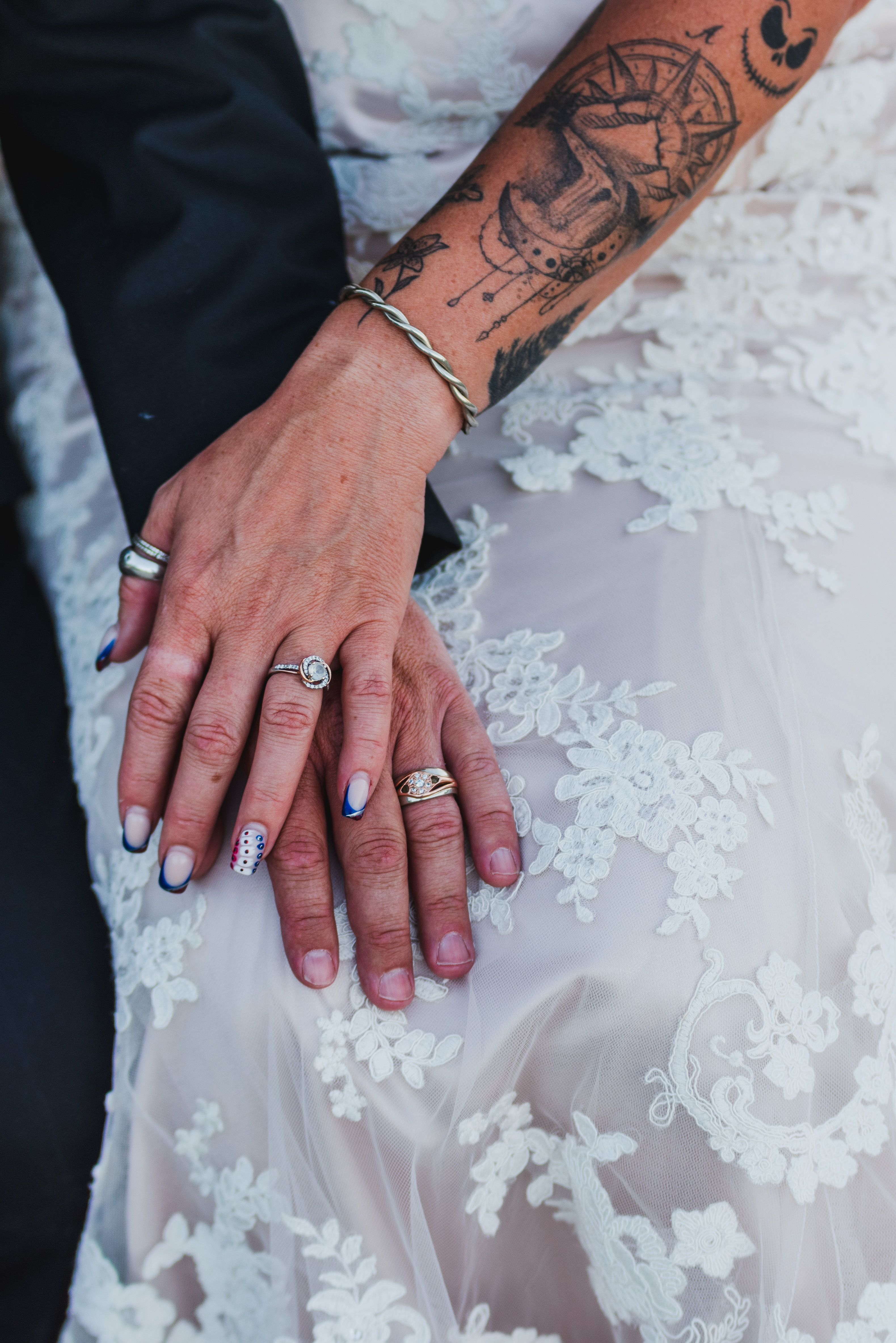 detailed picture of wedding rings, wedding dress, wedding tuxedo, tattooed bride, LDS Twin Falls, Idaho Temple